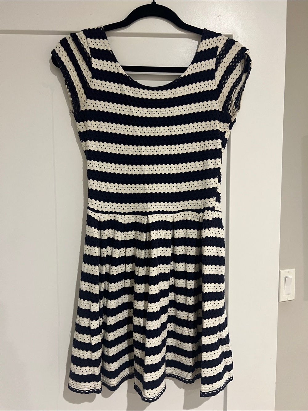 Navy and White Striped Crochet Fit-and-Flare Dress